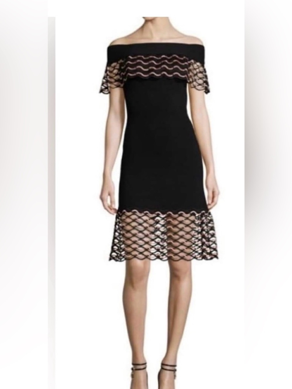 Lela Rose Black Off-Shoulder Midi Dress with Wave Lace Trim
